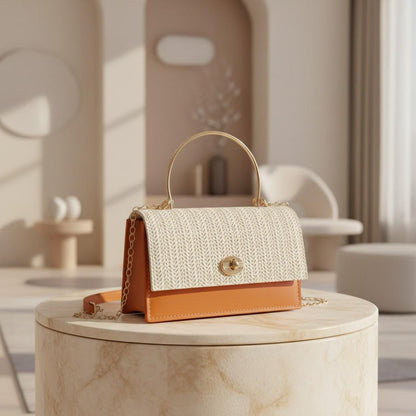 Cream Woven Shoulder Bag, Brown Colorblock Handbag, Textured Flap Purse, Chain Strap Bag, Elegant Top Handle Bag