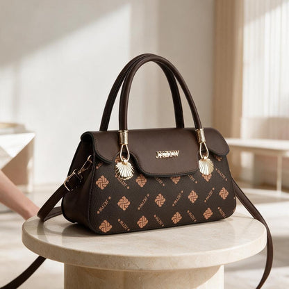 Brown Patterned Handbag, Structured Top Handle Purse, Monogram Style Shoulder Bag, Brown Crossbody Satchel, Women's Bag