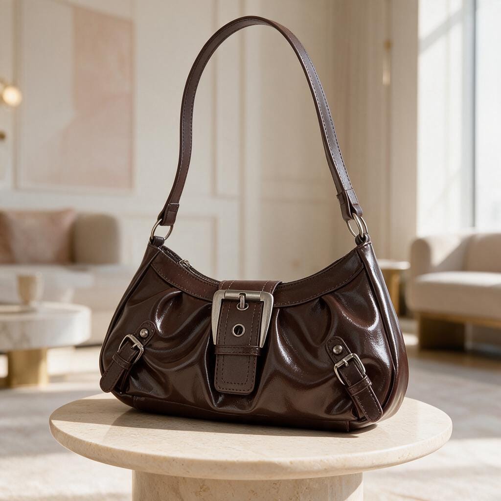 Dark Brown Shoulder Bag, Buckle Baguette Purse, Y2K Handbag, Vintage Inspired Small Bag