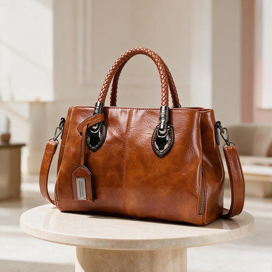 Brown Tote Bag, Women's Structured Handbag, Woven Handle Purse, Cognac Shoulder Bag, Large Everyday Bag