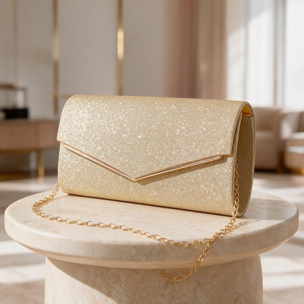 Gold Glitter Clutch Bag, Champagne Gold Envelope Purse, Chain Strap Evening Bag, Wedding Guest Clutch, Elegant Party Handbag