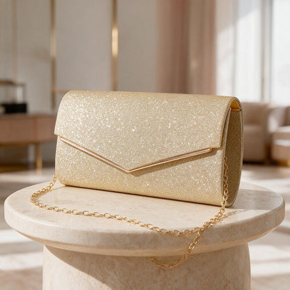 Gold Glitter Clutch Bag, Champagne Gold Envelope Purse, Chain Strap Evening Bag, Wedding Guest Clutch, Elegant Party Handbag