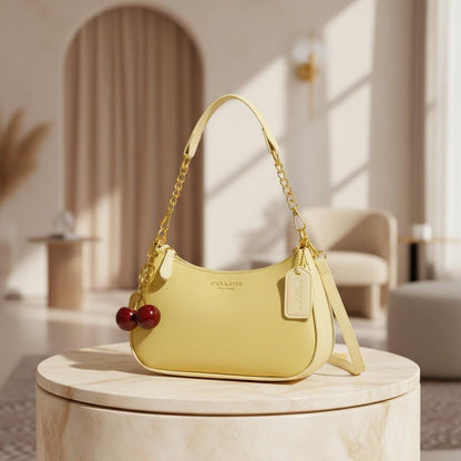 Yellow Baguette Shoulder Bag, Cherry Charm Purse, Small Y2K Handbag, Cute Summer Crossbody Bag