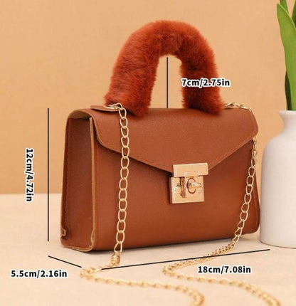 Brown Top Handle Bag, Faux Fur Handle Handbag, Cognac Shoulder Bag, Structured Purse, Chain Strap Handbag, Elegant Bag