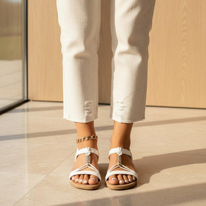 White T Strap Sandals for Women, Elegant Flat Sandals, Strappy Summer Vacation Shoes