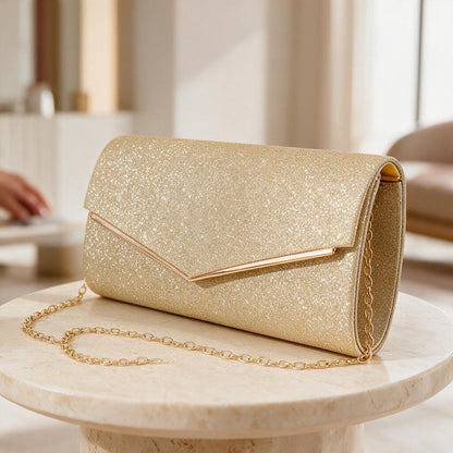 Gold Glitter Clutch Bag, Champagne Gold Envelope Purse, Chain Strap Evening Bag, Wedding Guest Clutch, Elegant Party Handbag