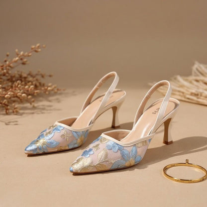 Floral Embroidered Slingback Heels, Pointed Toe Mesh Pumps, Elegant Low Heel Shoes