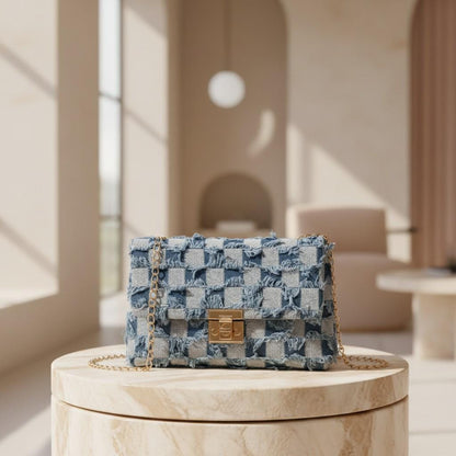 Patchwork Denim Shoulder Bag, Frayed Jeans Purse, Blue Crossbody Bag, Gold Chain Handbag, Y2K Casual Bag