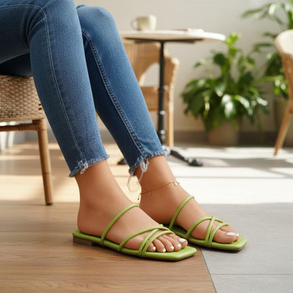 Lime Green Strappy Sandals for Women, Square Toe Flat Sandals, Minimalist Summer Shoes