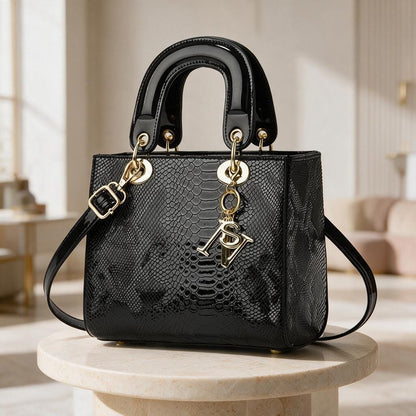 Black Snake Texture Handbag, Structured Satchel Purse, Glossy Shoulder Bag, Top Handle Crossbody Bag, Elegant Women's Bag