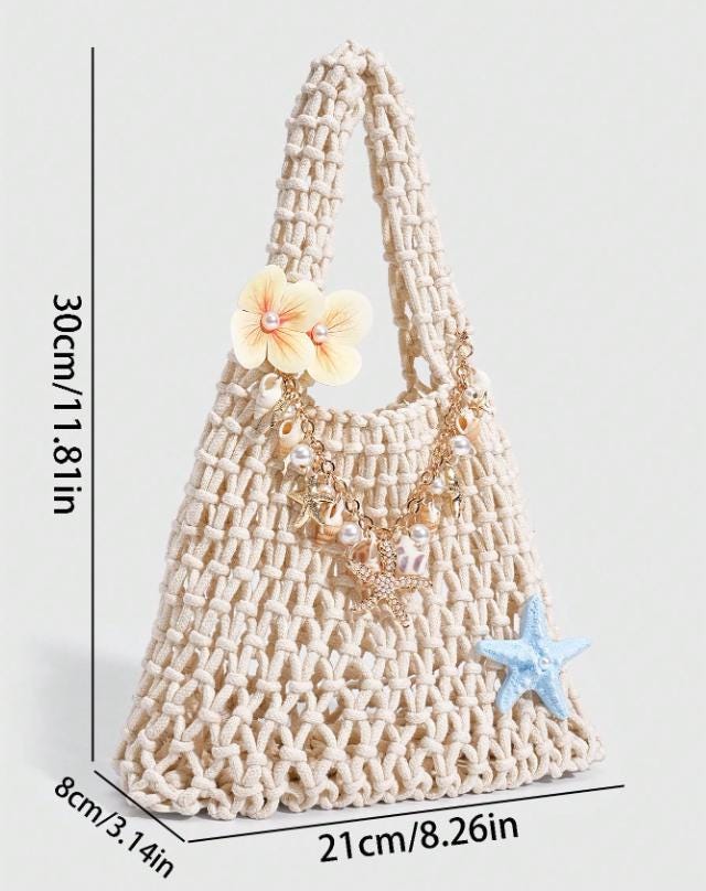 Crochet Beach Bag, Coastal Shoulder Bag, Boho Summer Purse, Shell Charm Bag, Starfish Pearl Handbag