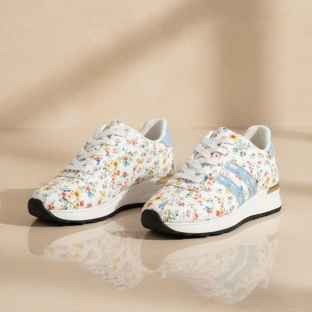 Blue Floral Sneakers for Women, Colorful Flower Print Shoes, Casual Low Top Sneakers