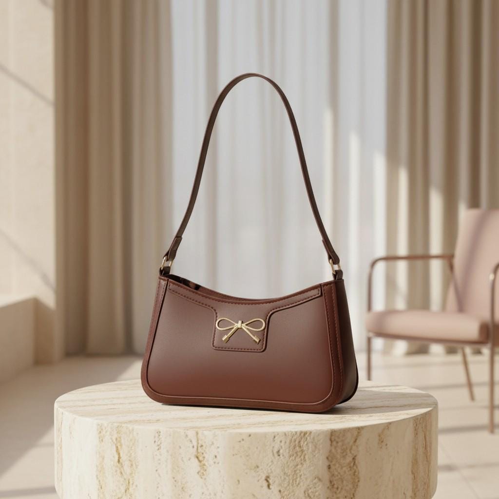 Brown Bow Shoulder Bag, Chocolate Baguette Purse, Gold Bow Handbag, Coquette Underarm Bag, Minimalist Everyday Purse