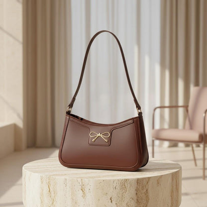 Brown Bow Shoulder Bag, Chocolate Baguette Purse, Gold Bow Handbag, Coquette Underarm Bag, Minimalist Everyday Purse