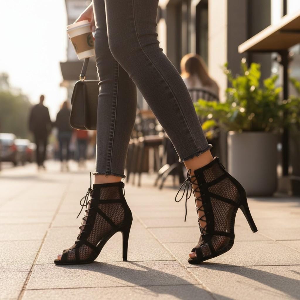 Black Mesh Lace Up Booties, Peep Toe High Heel Ankle Boots for Women