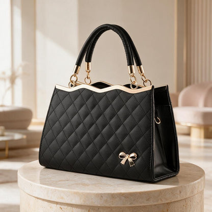 Black Quilted Tote Bag, Elegant Bow Charm Handbag, Structured Top Handle Purse, Diamond Stitch Women's Shoulder Bag
