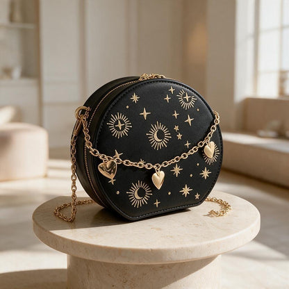 Celestial Crossbody Bag, Moon Star Shoulder Purse, Black Astrology Bag, Sun Moon Handbag, Gold Chain Evening Bag