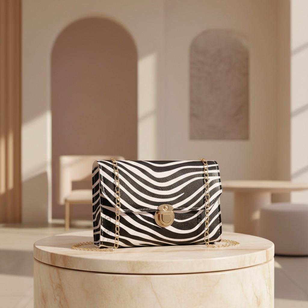Zebra Print Shoulder Bag, Black White Chain Purse, Animal Print Flap Handbag, Zebra Crossbody Bag, Gold Chain Purse