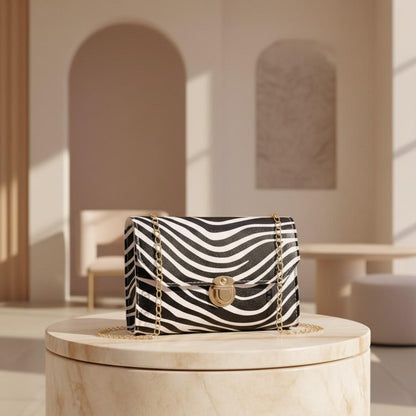 Zebra Print Shoulder Bag, Black White Chain Purse, Animal Print Flap Handbag, Zebra Crossbody Bag, Gold Chain Purse