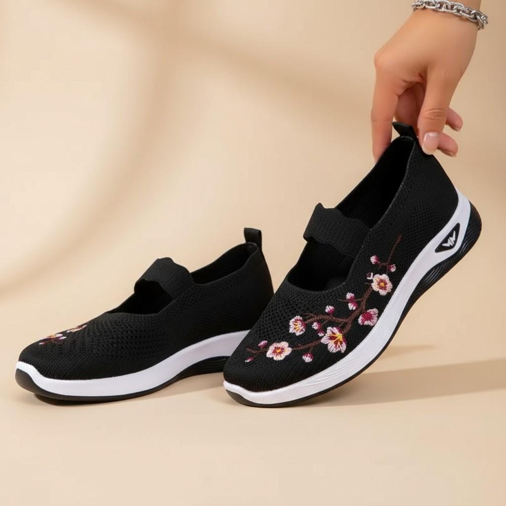 Black Floral Mary Jane Sneakers, Women's Embroidered Walking Shoes, Cute Casual Slip On