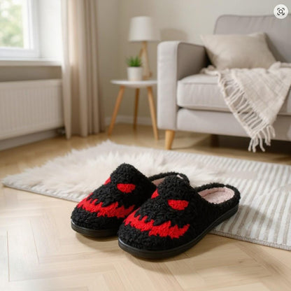 Monster Slippers, Black Fuzzy House Shoes, Spooky Halloween Slippers