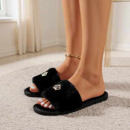 Black Fuzzy Slippers, Women's Cozy Slide Sandals, Plush House Shoes, Soft Indoor Slippers, Cute Fur Slides, Open Toe Slippers, Gift for Her