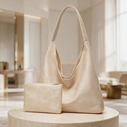 Cream Hobo Bag Set, Beige Shoulder Bag with Matching Pouch, Minimalist Women's Handbag, Neutral Everyday Purse, Soft Slouchy Tote