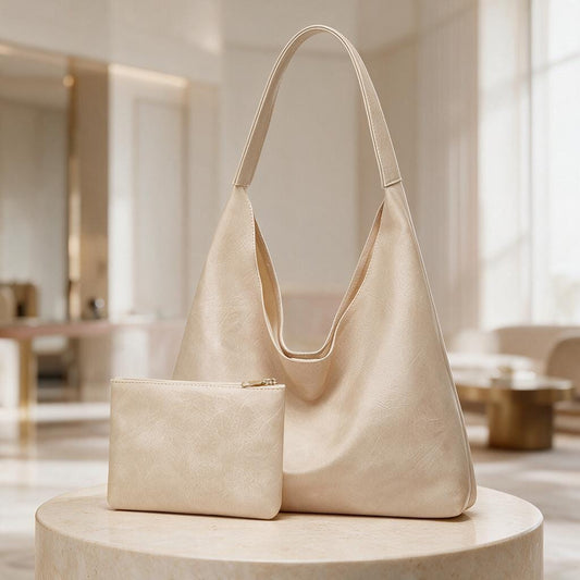 Cream Hobo Bag Set, Beige Shoulder Bag with Matching Pouch, Minimalist Women's Handbag, Neutral Everyday Purse, Soft Slouchy Tote