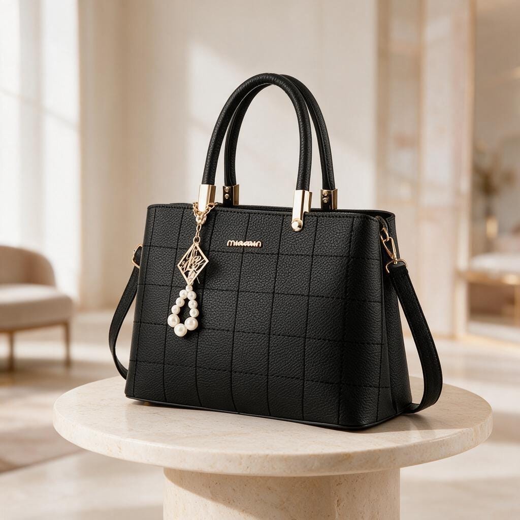 Black Quilted Tote Bag, Pearl Charm Handbag, Structured Top Handle Purse, Women's Shoulder Bag, Elegant Crossbody Bag