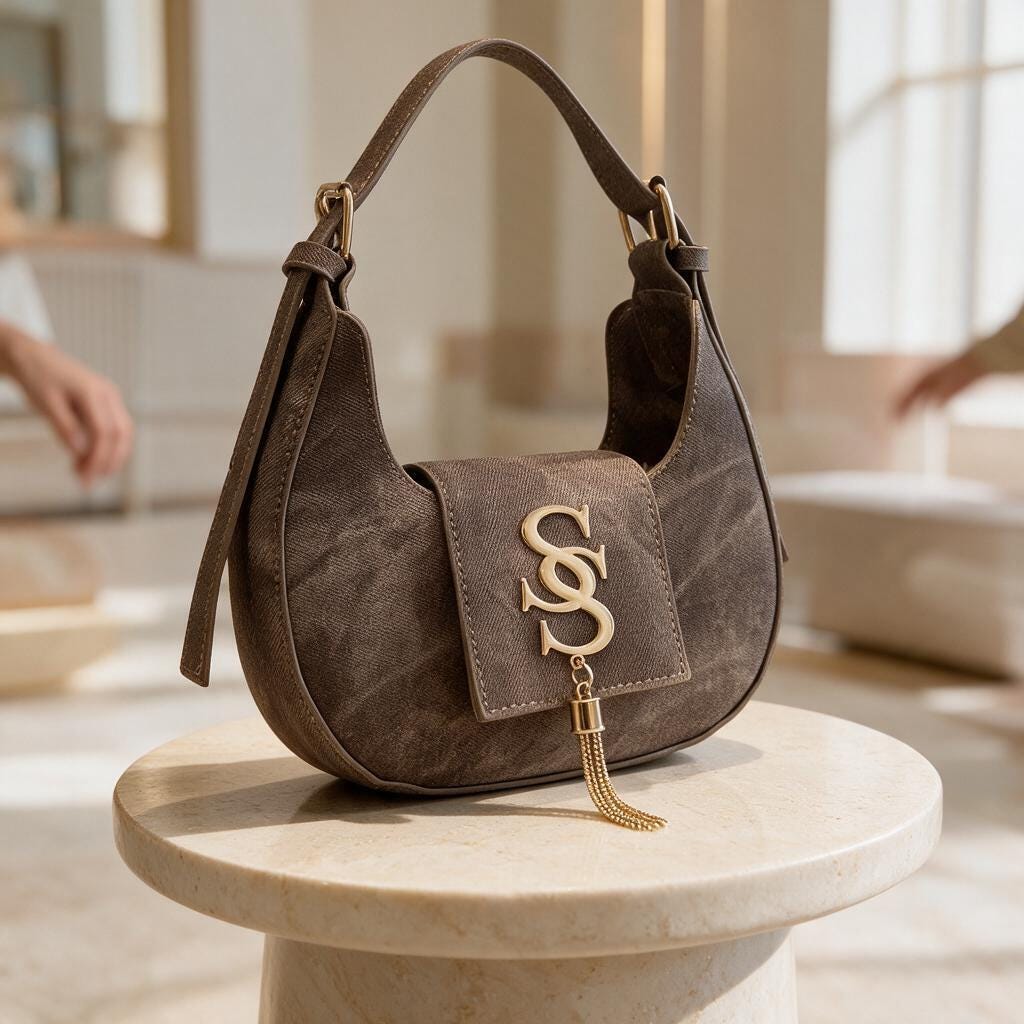 Brown Shoulder Bag, Monogram Flap Purse, Y2K Hobo Handbag, Tassel Detail Bag