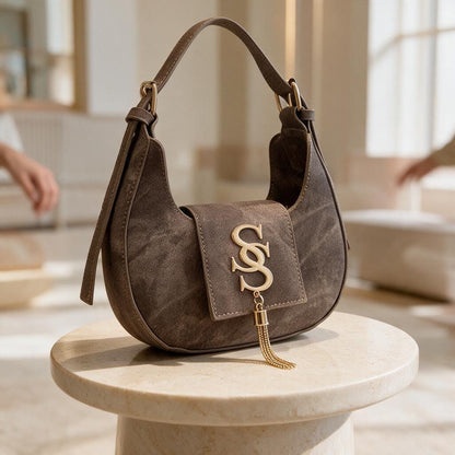 Brown Shoulder Bag, Monogram Flap Purse, Y2K Hobo Handbag, Tassel Detail Bag