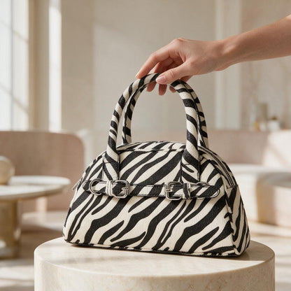 Zebra Print Handbag, Black White Top Handle Purse, Animal Print Bag, Structured Statement Handbag, Trendy Womens Purse