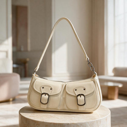 Cream Buckle Shoulder Bag, Y2K Double Pocket Purse, Ivory Baguette Handbag, Retro 90s Bag