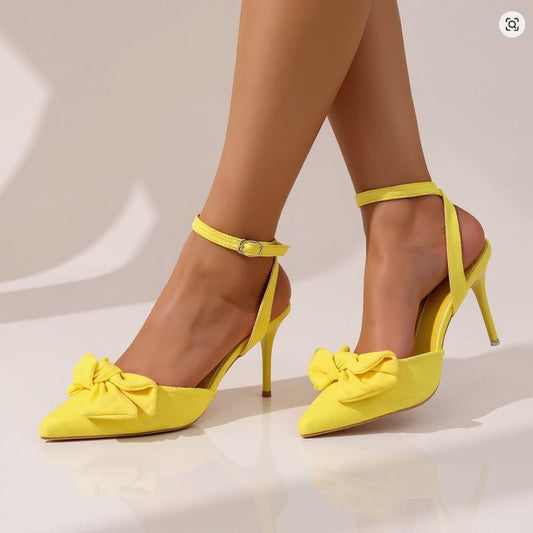Yellow Bow Pumps, Pointed Toe Stiletto Heels, Ankle Strap Dress Shoes