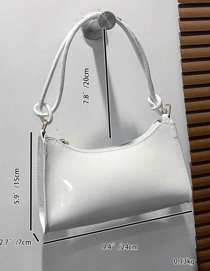 White Baguette Shoulder Bag, Glossy White Purse, Minimalist Y2K Handbag, Curved Underarm Bag, Women's Trendy Bag