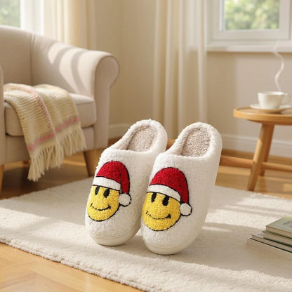 Santa Hat Slippers, Fuzzy Christmas House Shoes, Plush Holiday Slippers