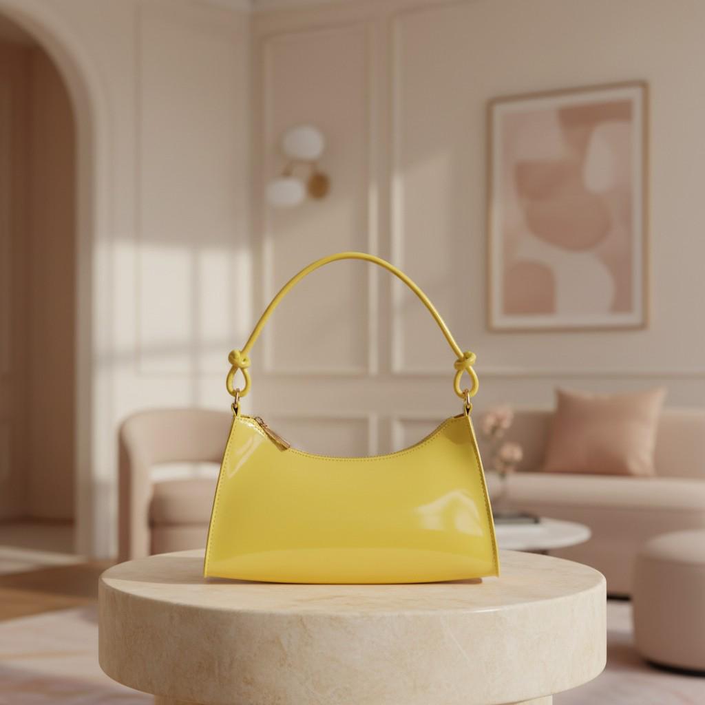 Yellow Baguette Shoulder Bag, Glossy Yellow Purse, Y2K Handbag, Bright Yellow Underarm Bag, Trendy Women's Bag