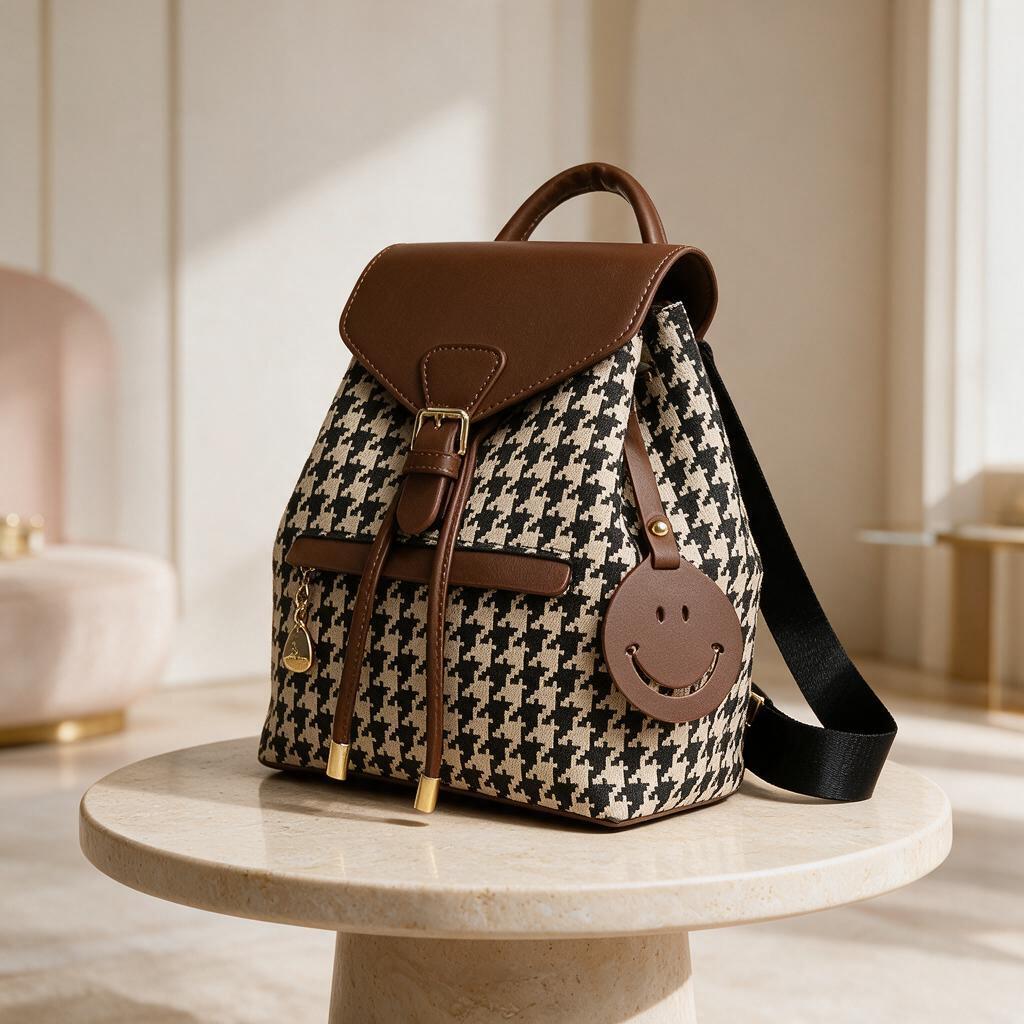 Houndstooth Backpack Purse, Women's Pattern Backpack, Brown Flap Mini Backpack, Stylish Everyday Bag