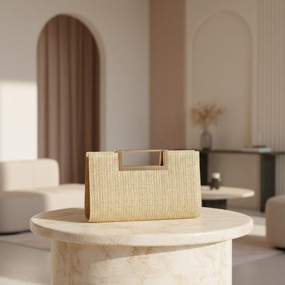 Woven Top Handle Bag, Natural Beige Handbag, Textured Purse, Gold Frame Handle