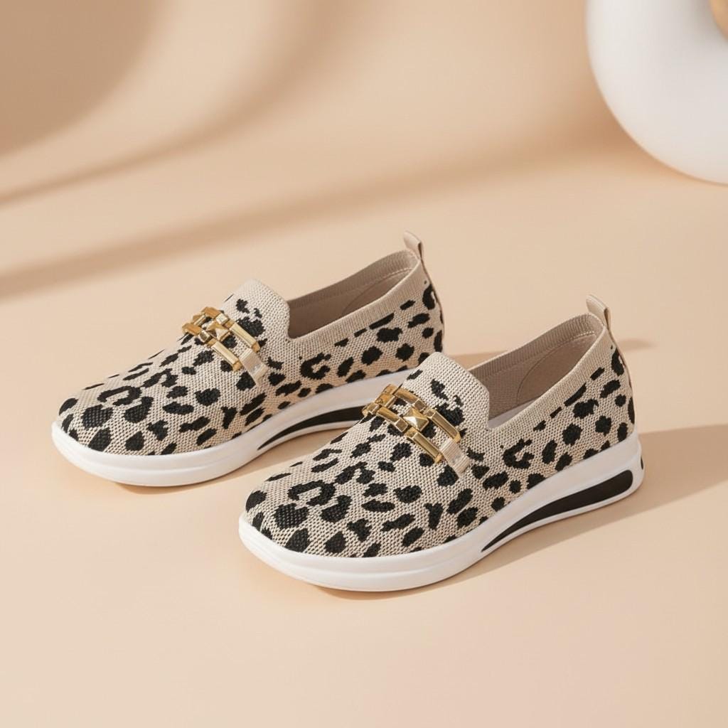 Leopard Print Loafers for Women, Chain Detail Slip On Shoes, Animal Print Casual Flats
