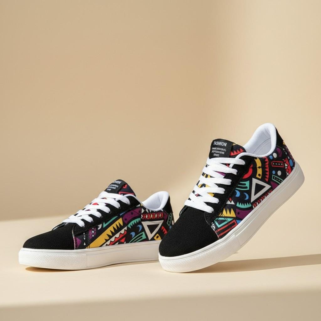 Colorful Geometric Sneakers, Women's Retro Low Top Shoes, Lace Up Trainers