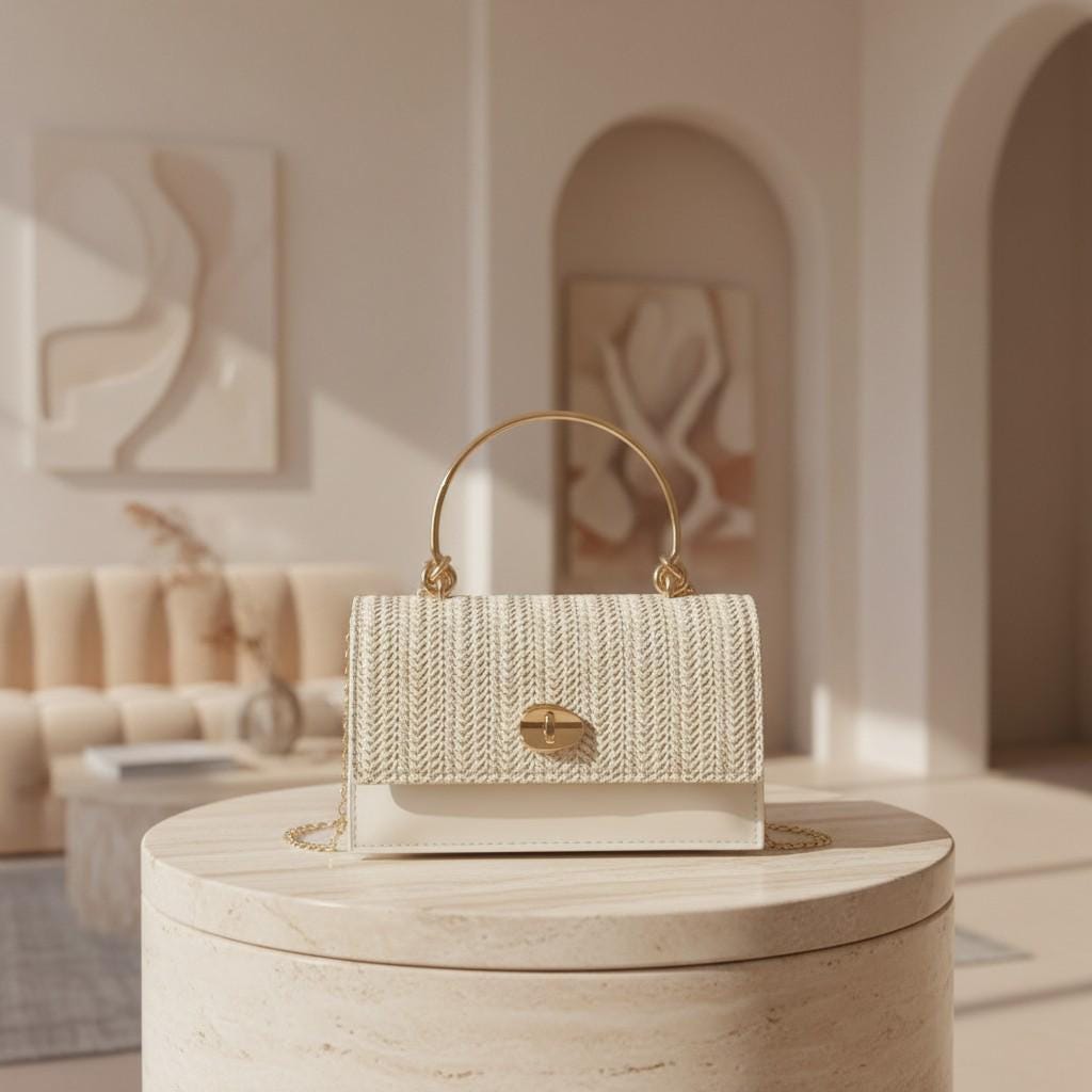 White Woven Shoulder Bag, Ivory Textured Handbag, Top Handle Purse, Chain Strap Flap Bag, Elegant Everyday Bag