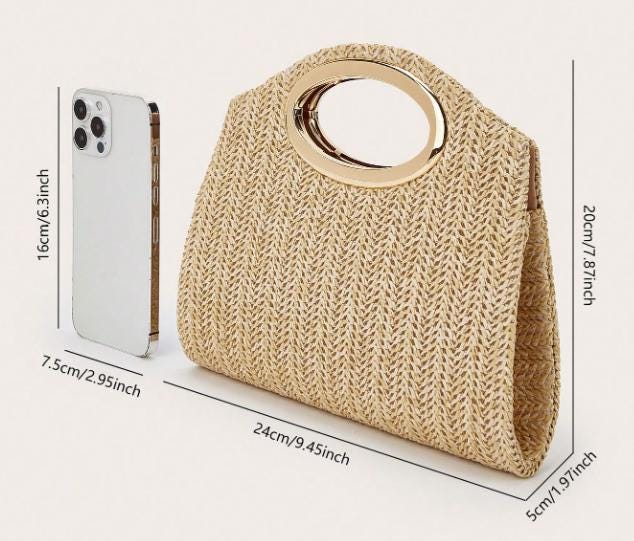 Woven Top Handle Bag, Beige Handbag, Natural Textured Purse, Gold Ring Handle