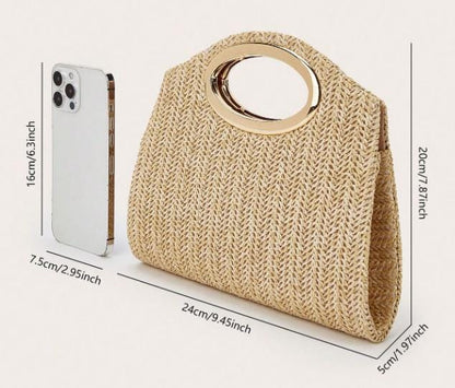 Woven Top Handle Bag, Beige Handbag, Natural Textured Purse, Gold Ring Handle