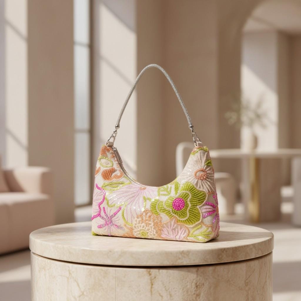 Embroidered Floral Shoulder Bag, Beaded Baguette Purse, Pastel Handbag, Colorful Summer Bag