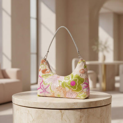 Embroidered Floral Shoulder Bag, Beaded Baguette Purse, Pastel Handbag, Colorful Summer Bag