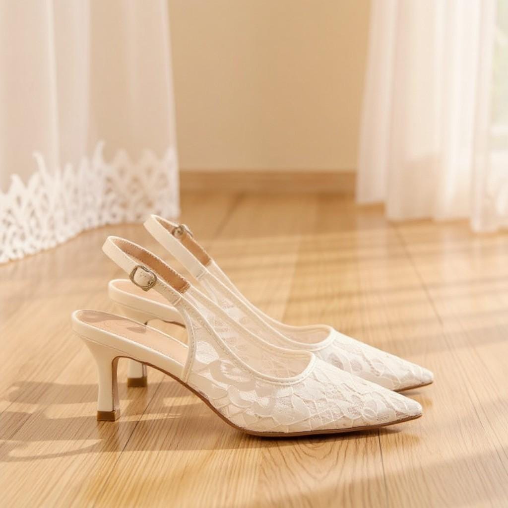 Ivory Lace Bridal Slingback Heels, Pointed Toe Wedding Pumps, Low Heel Shoes