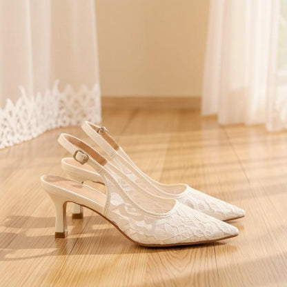 Ivory Lace Bridal Slingback Heels, Pointed Toe Wedding Pumps, Low Heel Shoes