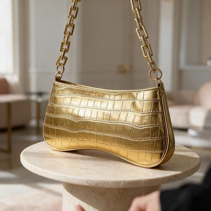 Gold Crocodile Embossed Shoulder Bag, Y2K Baguette Purse, Metallic Chain Bag, Mini Underarm Handbag, Glam Evening Purse