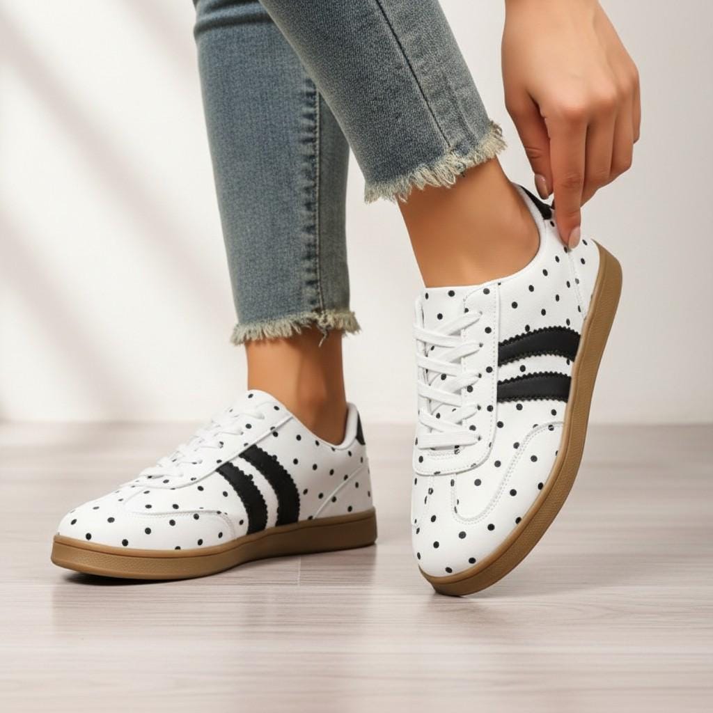 Polka Dot Sneakers for Women, Black White Casual Shoes, Retro Low Top Lace Up Sneakers, Cute Everyday Shoes